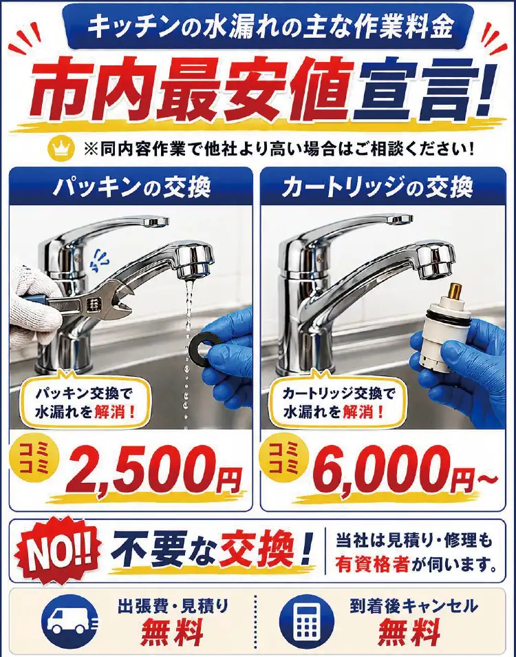 キッチンの水漏れの主な作業料金