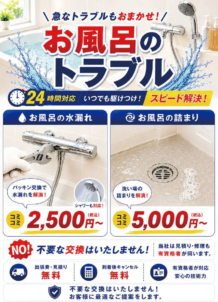 急なトラブルもおまかせ！お風呂のトラブル